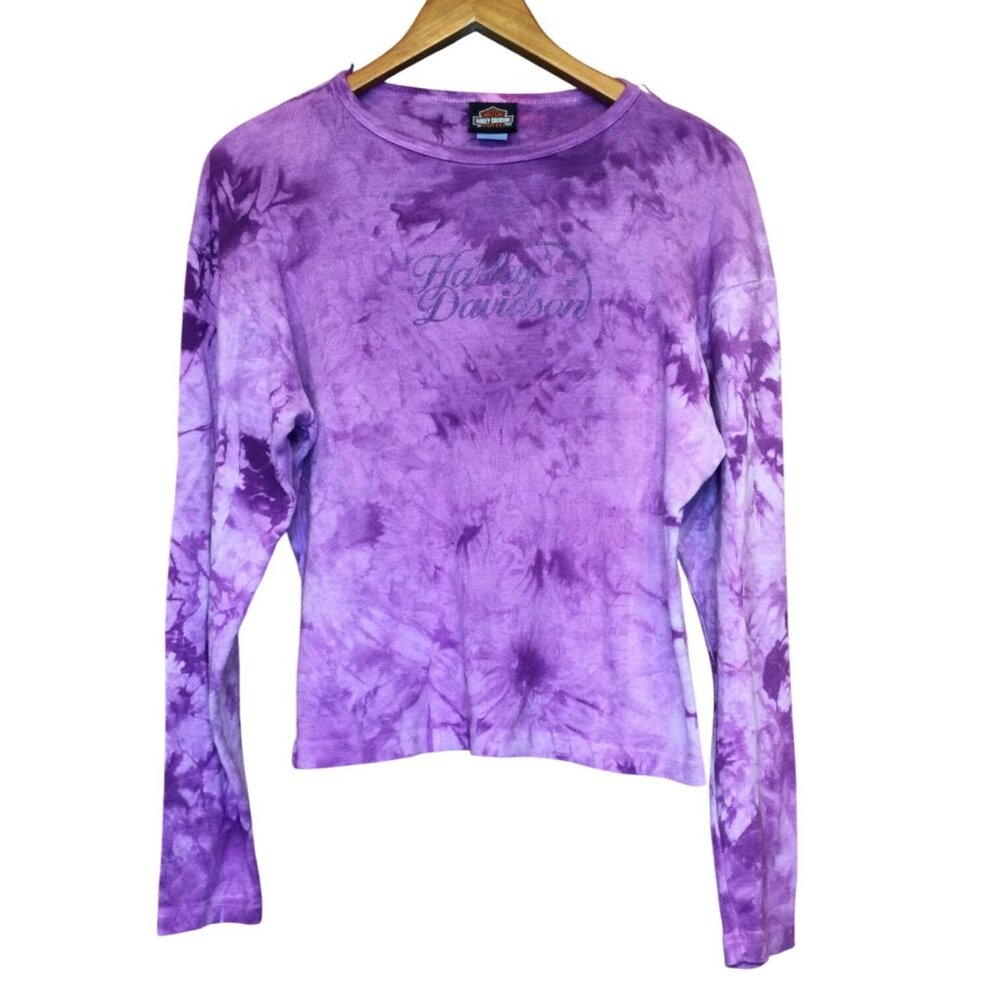Y2K Harley Davidson Women Tie Dye Long Sleeve T Shirt Size L Purple Myrtle Beach